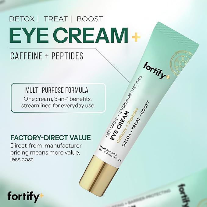 Fortify Skincare Under Eye Cream With Caffeine & Peptides – 3-In-1: Detox, Treat, Boost – Reduces Puffiness, Dark Circles & Wrinkles – Dermatologist Tested, Korean Skin Care – 95% Natural – 1 FL OZ