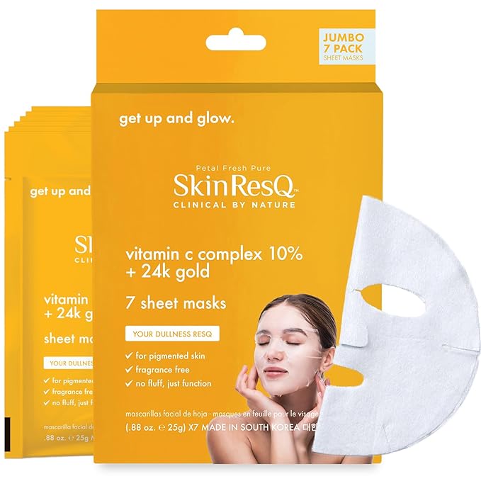 Petal Fresh Skin ResQ Get Up & Glow Sheet Mask with Vitamin C Complex 10% + 24k Gold, JUMBO 7 Pack, Brightening Korean Face Mask, Evens Tone, Radiance Boost, Fragrance-Free, Vegan, Cruelty-Free