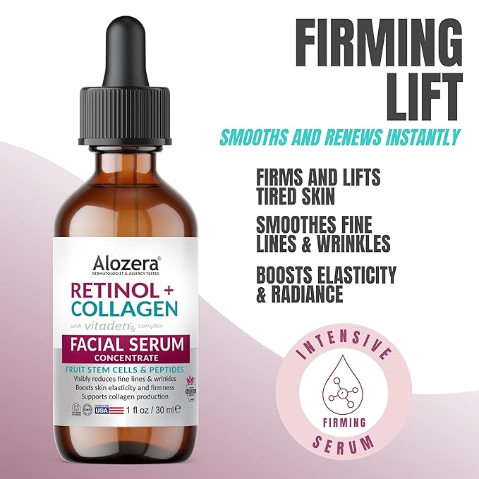 Alozera Retinol Collagen Serum for Face with Plant Stem Cell & Peptides, Anti Aging Facial Serum for Fine Lines & Wrinkles, Tighter & Firmer Skin, Fast-Absorbing, Non-Greasy, Day & Night Serum