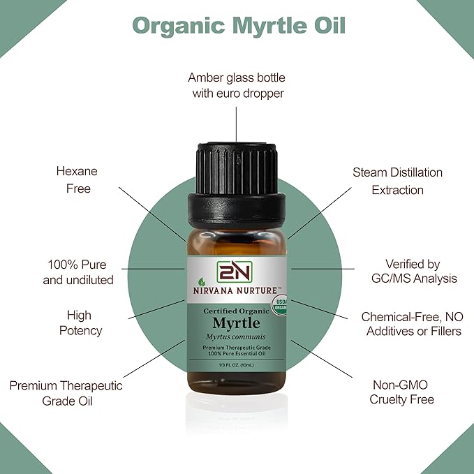Myrtle Essential Oil, USDA Certified Organic, 100% Pure Undiluted, Aromatherapy Oil for Diffuser, Hair & Skin Care
