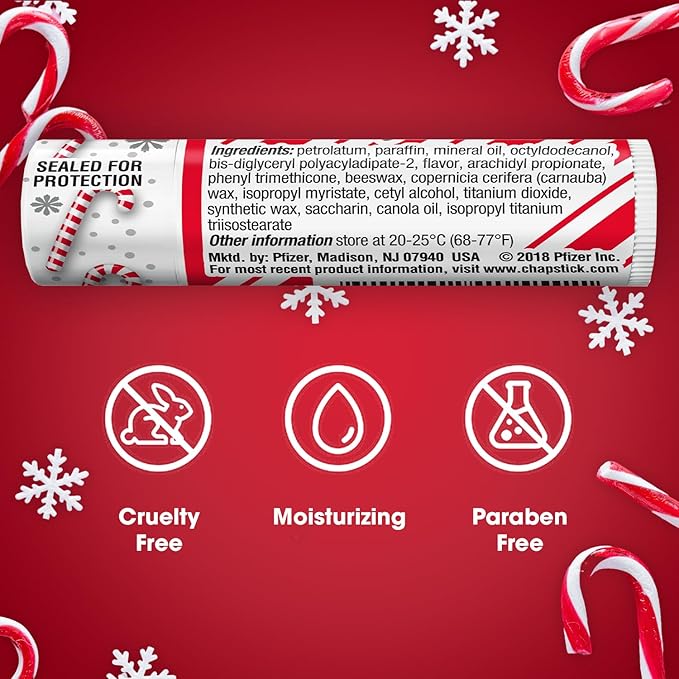 ChapStick Lip Balm, Candy Cane, 6-Count – Fresh & Minty Lip Moisturizer, Stocking Stuffer, 0.15 Oz Ea