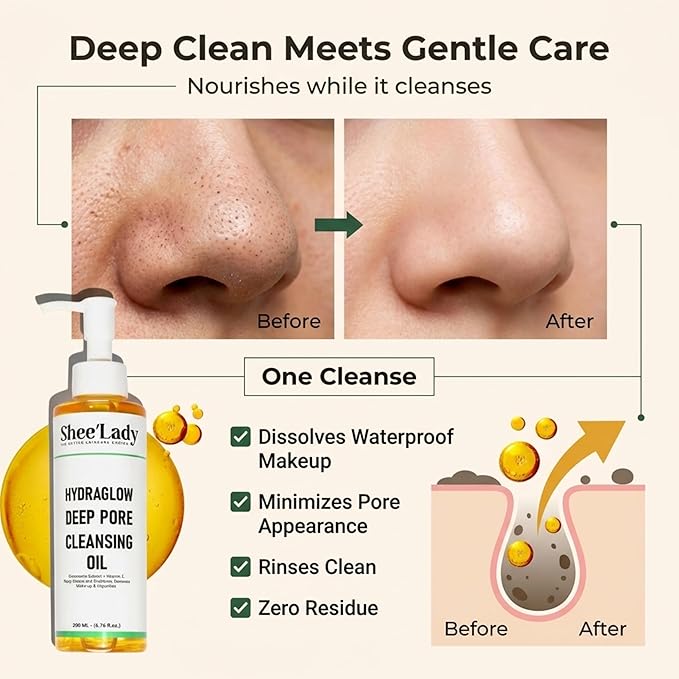 Shee'lady Hydraglow Deep Pore Cleansing Oil, limpiador facial en aceite – Best Cleansing Oil for Face, Blackhead & Makeup Remover Korean Skin Care, 6.76 fl oz (200ml)