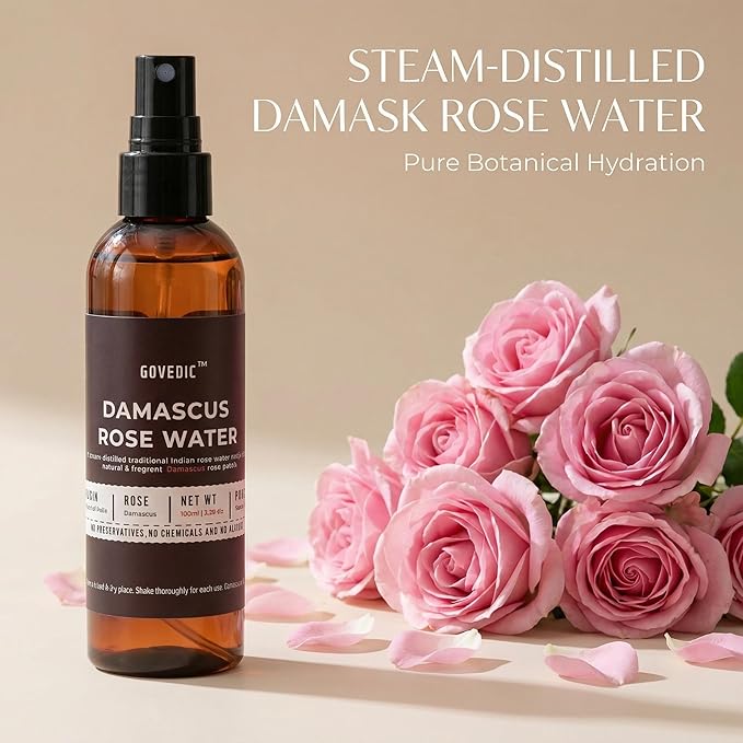 Govedic Rose Water Spray 100ml | Damask Rose Hydrating Face Mist & Toner | Natural Alcohol-Free & No Dyes for All Skin Types | Multi-Use Hydration for Face, Hair & Makeup Setting