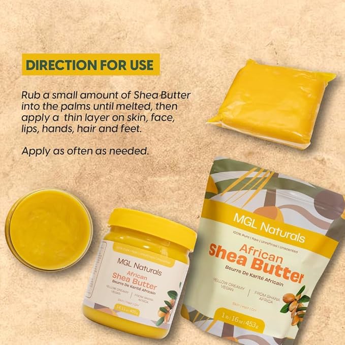 MGL Naturals Shea Butter Yellow Creamy 16oz, African, Unrefined, and Raw. Nourish and moisturize skin and hair. Use alone or DIY recipes. From Ghana, West Africa. (16 oz Jar)