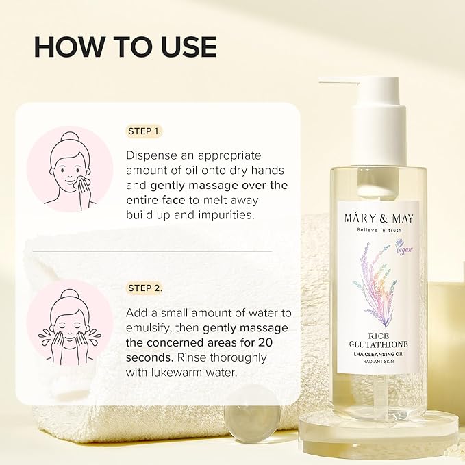 Mary&May Rice + Glutathione LHA Cleansing Oil – Korean Oil Cleanser for Blackheads & Pores, Waterproof Makeup & Sunscreen Remover, Oil-to-Milk Emulsifying, Exfoliation for Sensitive Skin 6.76 fl oz