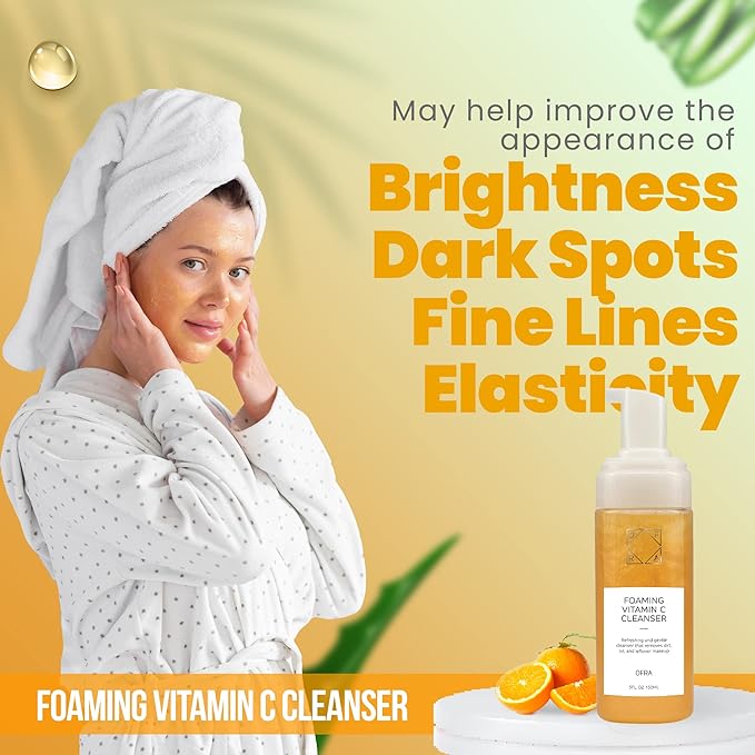 OFRA Cosmetics Foaming Vitamin C Cleanser - Frothy Face Wash Cleaner for Smooth & Glowing Skin - Daily Cleansing Skin Care for Removing Makeup, Dirt & Oil - Gentle Vegan Formula - Citrus Scent, 150mL