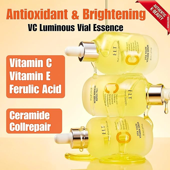 ELT Vita Youth Vitamin C Face Serum 1.69fl.oz.(50ml) -Korean Ferulic Acid, Beta-Glucan - Skin Brightening, Anti-Aging, Dark Spot Remover - K-Beauty Skincare (Pack of 1)