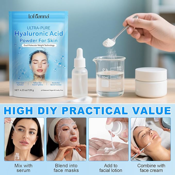 Hyaluronic Acid Powder 100% Pure, Hyaluronic Acid Serum Powder for Skin & Face, Dual Molecular Weight, Deep Hydration & Anti-Aging, DIY Serum Ingredient, Vegan Fragrance-Free(4.23oz/120g)