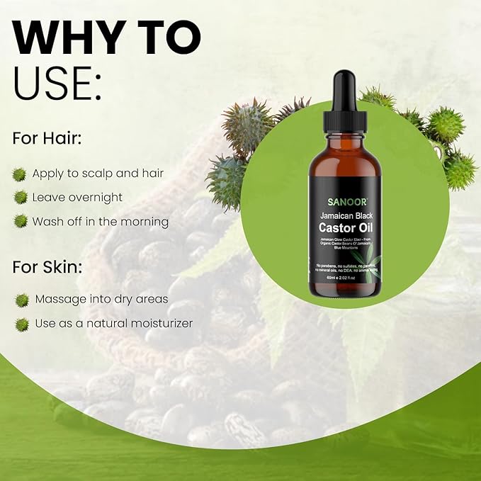 SANOOR Jamaican Glow Castor Elixir Oil | 100% Pure and Natural - Premium Grade Leave In Oil for Hair Growth, Eyelashes and Eyebrows| Infused with Nutrients Pure Hair Butter | Cold-pressed | 60ml