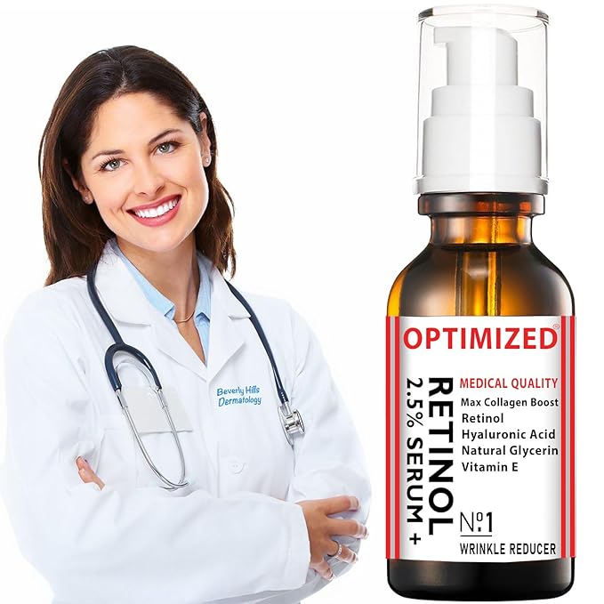 Retinol Serum 2.5% with Hyaluronic Acid, Glycerin, Vitamin E - Reduce Wrinkles, Fine Lines, Even Skin Tone, Sun Spots, Age Spots - Boost Collagen Production 1 fl oz - OPTIMIZED LAB Guaranteed