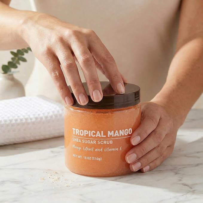 Tropical Mango Sugar Scrub – Exfoliating Body Scrub for Women, Moisturizing Shea Butter, Natural Sugar Exfoliant, Hand and Foot Scrub, Paraben-Free, All Skin Types, 18 oz (Pack of 2)