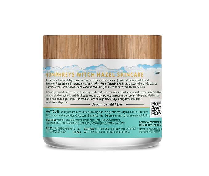 Humphreys Witch Hazel Nourishing Cleansing Pads | Wild Harvested Witch Hazel & Aloe | Hydrating, Natural Alcohol-Free Formula | 60 Rounds,(Pack of 2)