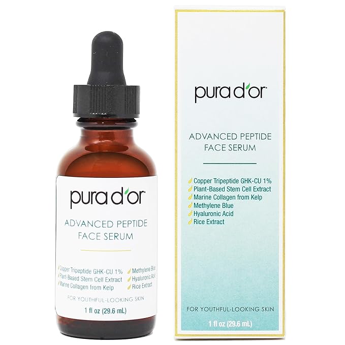 PURA D'OR Advanced Peptide Face Serum – Copper Tripeptide, Plant-Based Stem Cell Extract, Marine Collagen from Kelp, Hyaluronic Acid & Methylene Blue – Anti-Aging Serum for Youthful-Looking Skin, 1 Oz