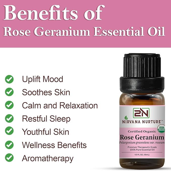 Rose Geranium Essential Oil, USDA Certified Organic, 100% Pure Undiluted, Aromatherapy Oil for Diffuser, Hair & Skin Care