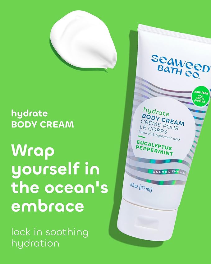Seaweed Bath Co. Hydrate Body Cream - Eucalyptus Peppermint - Hydrating Scented Moisturizer for Body and Hands - With Vitamin E, Hyaluronic Acid and Shea Butter for Dry Skin - 6 oz