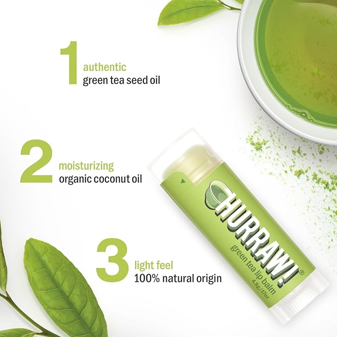 Hurraw! Green Tea Lip Balm, 2 Pack: Organic, Certified Vegan, Cruelty and Gluten Free. Non-GMO, 100% Natural Ingredients. Bee, Shea, Soy and Palm Free. Made in USA