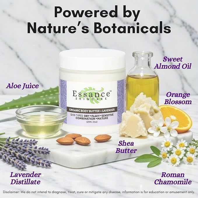 Essance Natural Lavender Body Butter 120mL | Shea Butter Raw Organic Cream for All Skins | Soft Body Cream for Hands, Feet, All Areas | Daily Body Cream for Women, Men