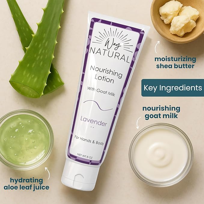 Nourishing Goat Milk Lotion, Lavender - Home & Away Set, Natural Hand & Body Lavender Lotion for Dry Skin - Goat Milk Hand Cream for Women & Men - 8oz & 2oz Travel Size Tube