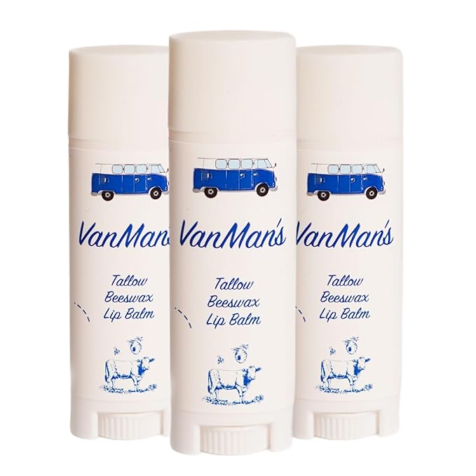 VanMan Beeswax Lip Balm Tube – Organic Tallow Balm with Grass-Fed and Finished Suet Beef Tallow, Sweet Almond Oil, and Lanolin – Hydrating Lip Moisturizer – Unscented – 3 Tube Pack