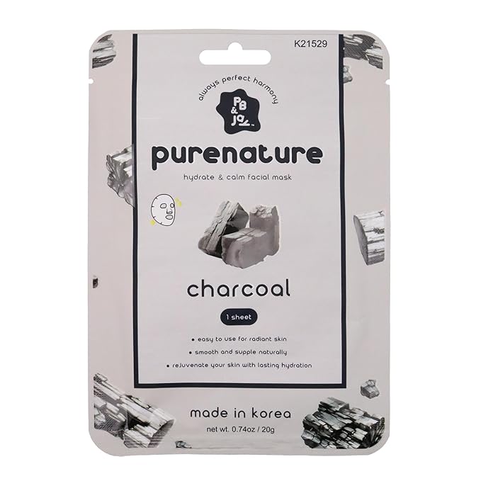 PB & JAY Purenature Facial Mask – Premium Quality Korean Sheet Mask for Pore Care – Korean Collagen Essence Detoxifying Facemask Sheet (Charcoal)