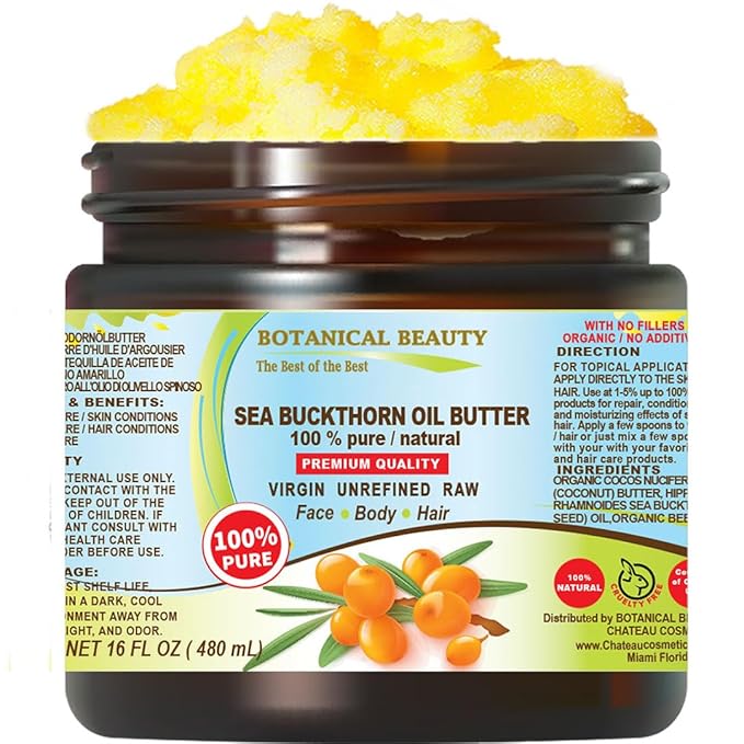 Botanical Beauty SEA BUCKTHORN OIL BUTTER Pure Natural Virgin Unrefined RAW for FACE SKIN BODY HAIR NAILS, vitamin C (16 Fl Oz)