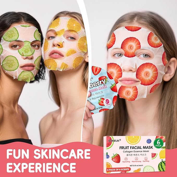 KONEUK 6 Pack Colorful Fruit Face Masks Skincare, Sheet Hydrating Face Mask, Collagen Facial Mask for Skin Care, Mothers Day Gifts for Mom, Bulk Teacher Gifts, Nurse Gifts and Spa Party Gifts