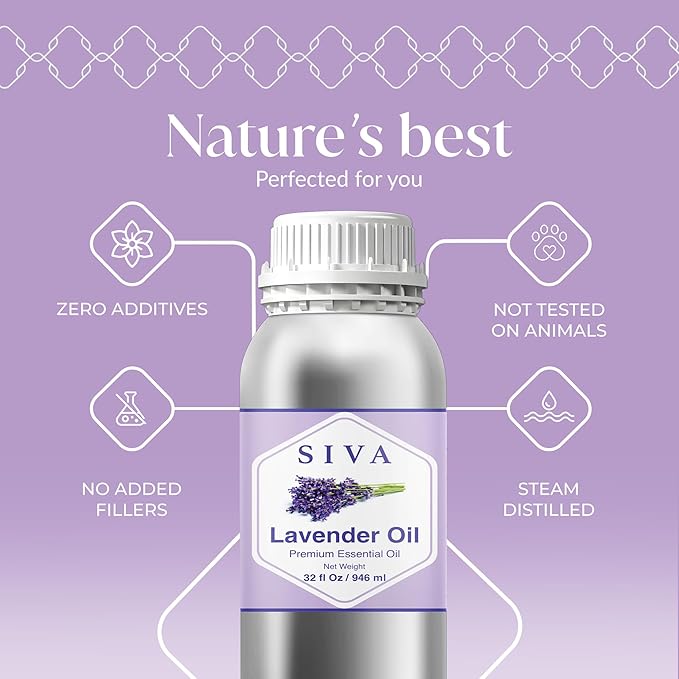 Siva Lavender Essential Oil – 32 Fl Oz – 100% Natural Lavender Oil - for Diffuser, Hair Care, Face, Skin Care, Aromatherapy, Scalp and Body Massage, Soap and Candle Making