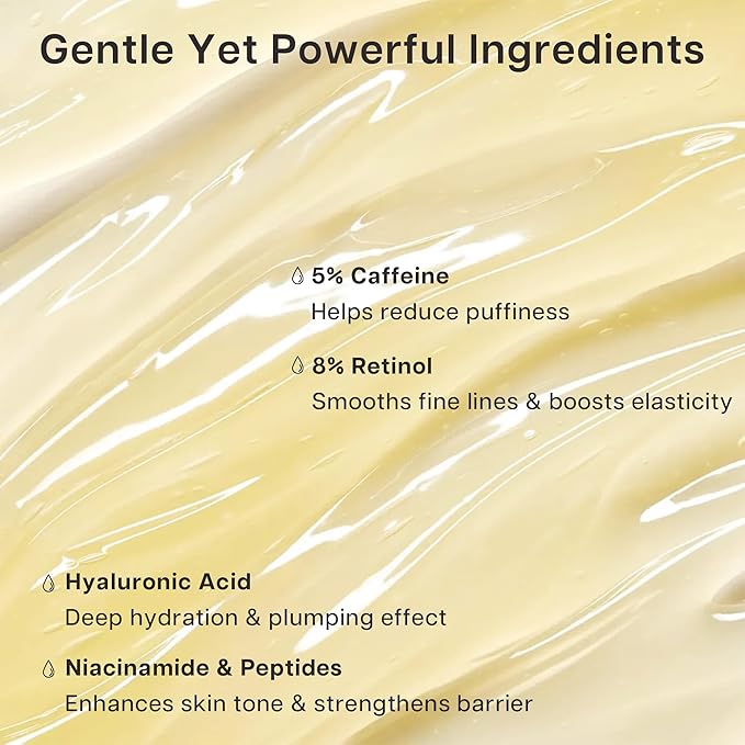 VRAIKO Eye Serum for Dark Circles and Puffiness, 5% Caffeine 8% Retinol Under Eye Cream with Build-In 3D Roller Applicator, Hyaluronic Acid Peptide for Hydration Fine lines Wrinkles, 0.5 fl oz