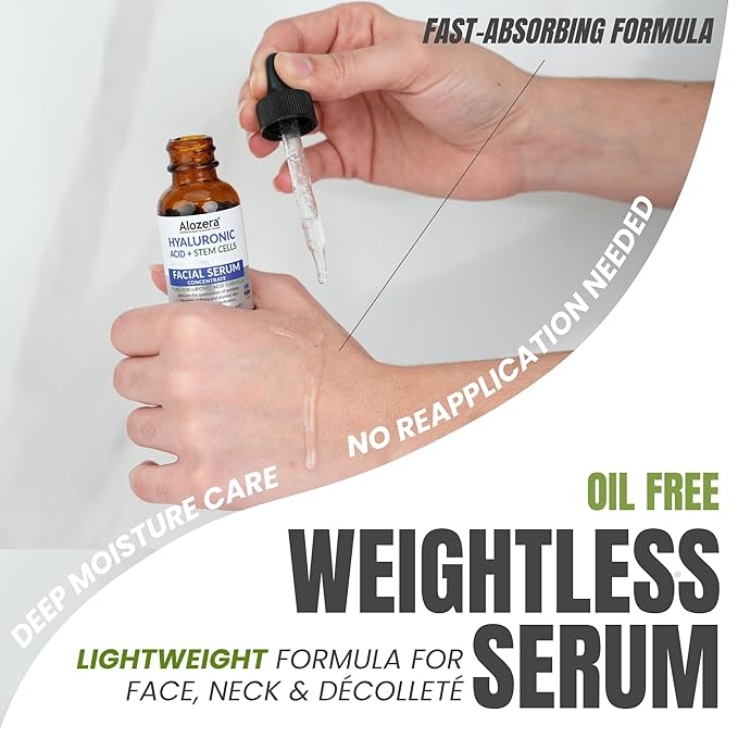 Alozera Hyaluronic Acid Serum for Face with Stem Cells, Deep Hydrating & Plumping Facial Serum for Dry Skin, Helps Improve Smoothness & Elasticity, Anti-Aging Moisturizing Serum for Day & Night