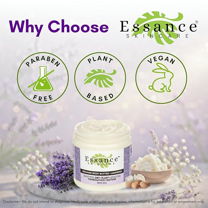 Essance Natural Lavender Body Butter 120mL | Shea Butter Raw Organic Cream for All Skins | Soft Body Cream for Hands, Feet, All Areas | Daily Body Cream for Women, Men