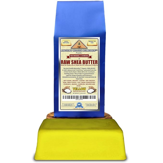 Ancient Health Remedies Organic Unrefined Raw AFRICAN YELLOW SHEA BUTTER 1 LB (16 oz) BLOCK Grade A for Anti Aging, Dry Skin, Base for DIY Body Butter, Beauty, Skin Moisturizer & Hand Cream (GHANA)