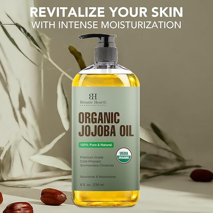 Botanic Hearth USDA Organic Jojoba Oil 8 Fl Oz |100% Pure and Natural- Cold Pressed & Hexane Free Natural Hair Growth Oil for Eyelashes, Eyebrows, Skin, Body, Face, Nails & Scalp