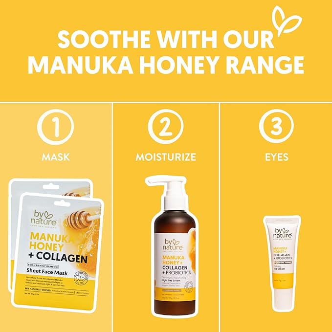 By Nature Manuka Honey + Collagen Sheet Face Mask – Hydrating & Firming Skincare – Moisturizing Face Mask for Dry or Tired Skin – Anti-Aging Self Care Sheet Mask (Pack of 12)