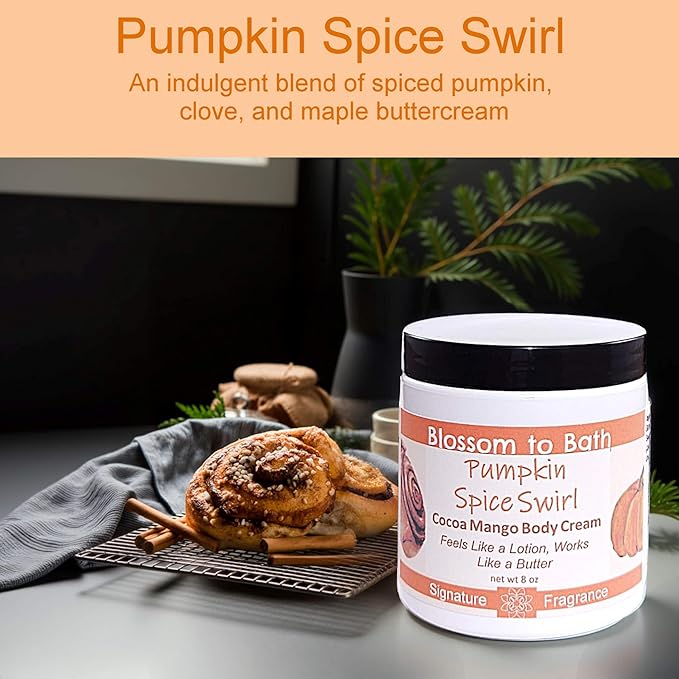 Blossom to Bath Pumpkin Spice Swirl Cocoa Mango Body Cream (8 Ounce) - Phthalate Free Fragrance - Feels Like A Lotion And Works Like A Butter with a Warm Spicy Vanilla Scent