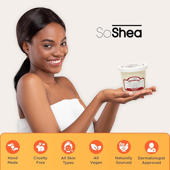 SoShea Whipped Shea Butter Black Coconut - Nourishes, Moisturizes & Renews | 100% African Pure Shea Butter | Cold-Pressed & Cold-Processed | No Dyes & Parabens | Vegan | 11.50oz / 326oz