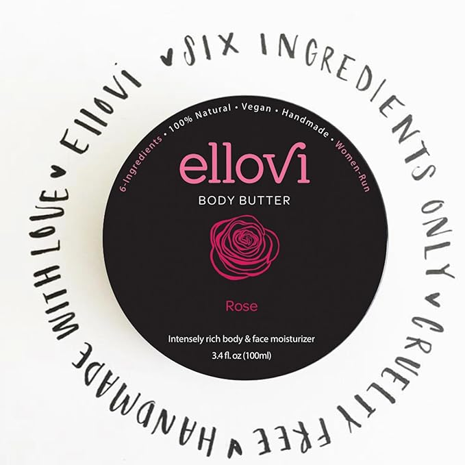 Ellovi All-Natural Body Butter - Rose - Pure Enough to Eat - Made With Just 6 Vegan Ingredients - Ultra-Rich 100% Plant-Based Hydrating Moisturizer For Naturally Healthy Skin (3.4 fl. oz/100ml)