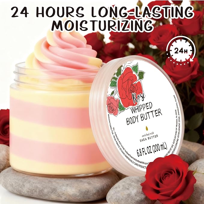 Rose Whipped Body Butter, Shea Body Butter for Women Dry Skin, Natural Rose Lotion for Body Moisturizer-Deep Moisturizing and Softening-6.8 floz(200ml)