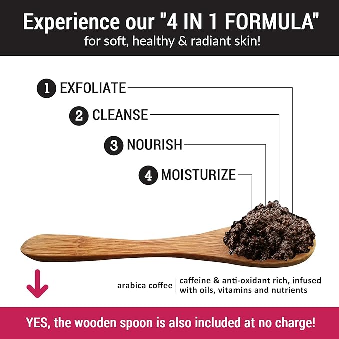pureSCRUBS Premium Organic Arabica Coffee Body Scrub Set - ORIGINAL BLEND Large 16oz Anti Cellulite Scrub Essential Oils & Nutrients + FREE Wooden Spoon, Loofah & Mini Organic Exfoliating Bar Soap