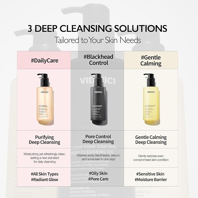 VIDIVICI Clear Deep Cleansing Oil Trio (1.01 fl oz X 3) - Korean Cleansing Oil Makeup Remover, Pore Cleansing & Hydrating Facial Cleanser, Gentle Cleansing for All Skin Types, Travel Friendly