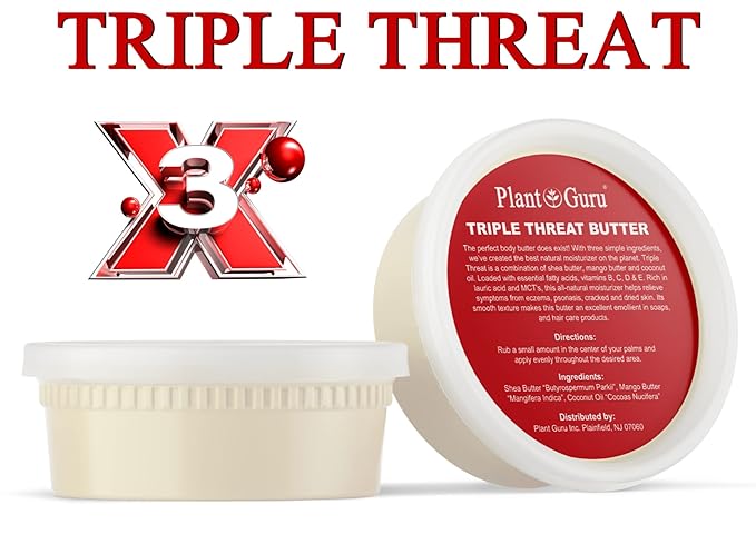Plant Guru Triple Threat Body Butter 8 oz. - Blend of Shea, Mango & Coconut Oil - 100% Pure Natural Raw Unrefined Moisturizer For Dry Skin, Face And Hair. Great For Lip Balm and Soap Making