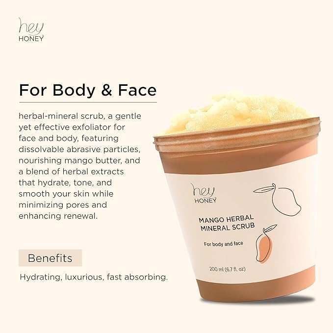 Hey Honey Skincare Mango Herbal Mineral Scrub Dead Sea Salt Exfoliator for Body & Face | Gently Buffs, Smooths & Hydrates Skin | Cruelty-Free, Paraben-Free, Vegetarian | 6.7 oz