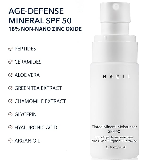 NAELI Anti Aging Tinted Moisturizer SPF 50, Mineral Sunscreen for Face with Zinc Oxide, Peptides & Ceramides, Natural Hydrating Universal Tint - 1.4 oz