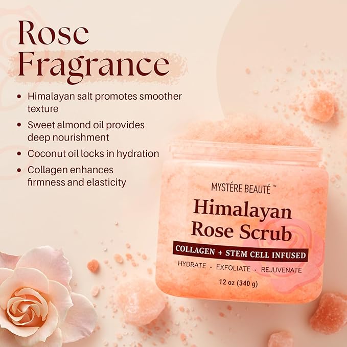 MYSTÉRE BEAUTÉ Himalayan Salt Body Scrub with Collagen & Rose Oil (12 oz) - Exfoliating Scrub for Cellulite, Acne, Scars & Stretch Marks - Deep Cleansing & Moisturizing - Natural Skin Care Gift