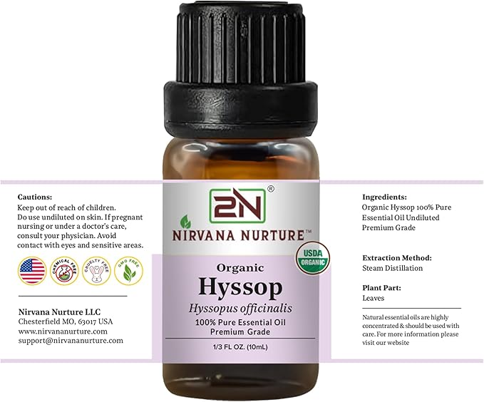 Hyssop Essential Oil, USDA Certified Organic, 100% Pure Undiluted, Aromatherapy Oil for Diffuser, Hair & Skin Care