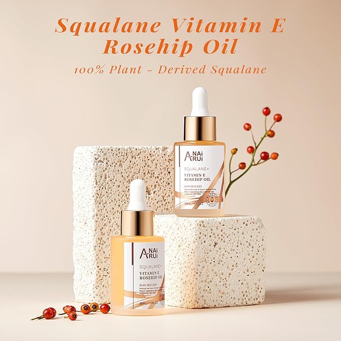 ANAI RUI Squalane + Vitamin E Rosehip Oil Moisturizer for Face,Hair,Skin& Nail Hydrate, Reduce Scars and Stretch Marks, Wrinkles for Smoother, Softer Skin 1 fl. Oz