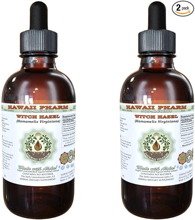 Hawaii Pharm Witch Hazel Alcohol-Free Liquid Extract, Witch Hazel (Hamamelis Virginiana) Bark Glycerite Natural Herbal Supplement, USA 2x2 fl.oz