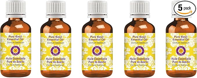 Deve Herbes Pure Basil Essential Oil (Ocimum basilicum) Steam Distilled (Pack of Five) 100ml X 5 (16.9 oz)