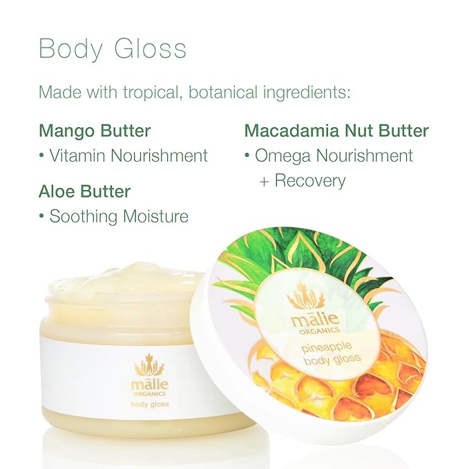 Mālie Organics Botanical Body Gloss, Pineapple Scent, Intensive Moisture Butter Balm for Radiant Glow, Mango + Aloe + Macadamia Butters, Vegan