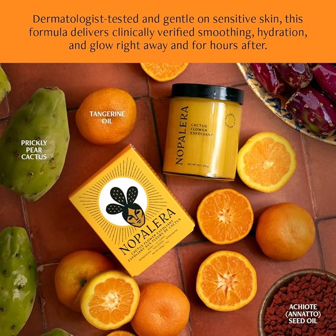 Nopalera Mandarina Cactus Flower Exfoliant - Face & Body Scrub, 3-in-1 Cleanser, & Moisturizer, Vegan, Cruelty-Free, Natural Citrus Scent, Dye Free, 6 oz.
