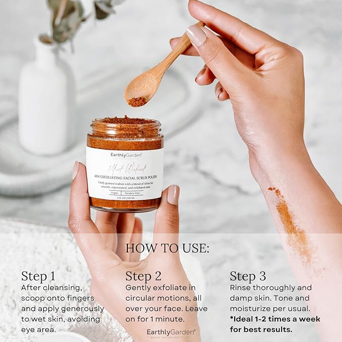 Earthly Garden Mint Walnut Exfoliating Face Scrub with AHA – Natural Microdermabrasion & Deep Pore Cleanser for Blackheads, Acne Scars & Glowing Skin – 2 oz